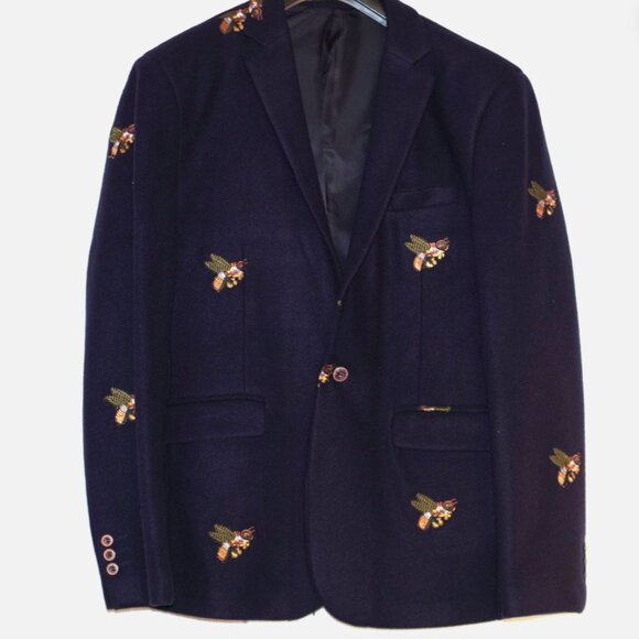 Lavetir FR Flying Bee Embroidery Navy Blue Tuxedo Blazer Sport Coat size L